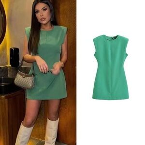 NWT Zara Apple Green Crepe Shoulder Pad Sleeveless Mini Dress Short Chic Small
